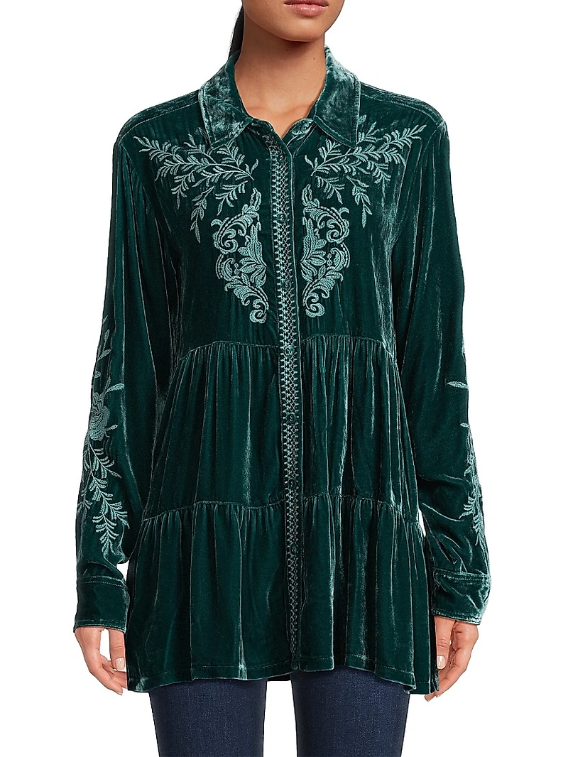 Lenon Embroidered Velvet Tiered Tunic