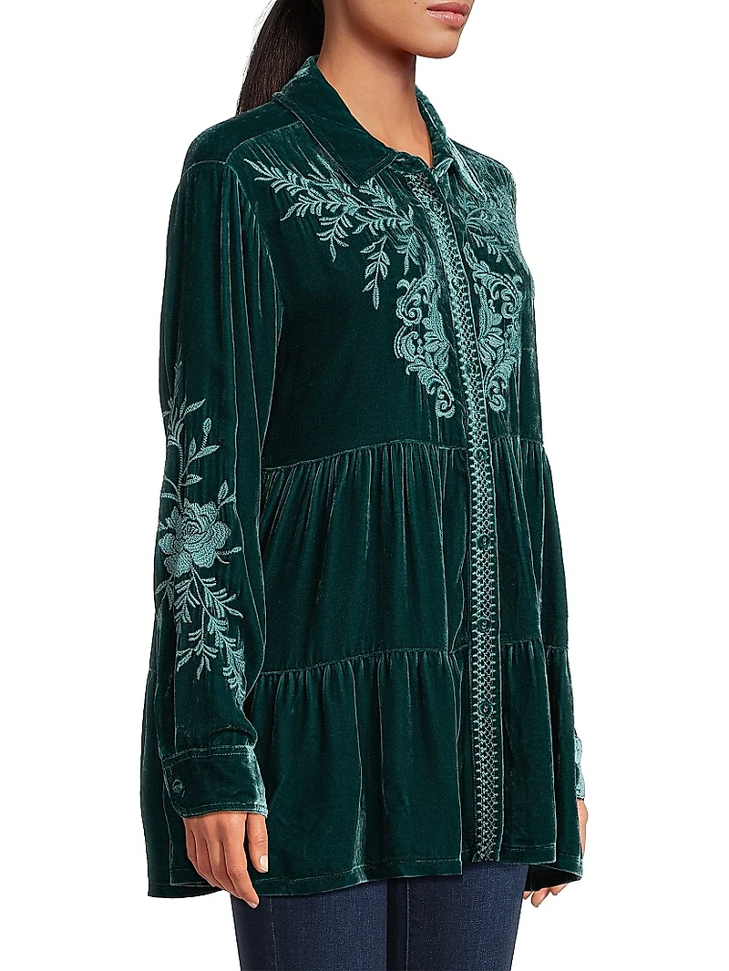 Lenon Embroidered Velvet Tiered Tunic