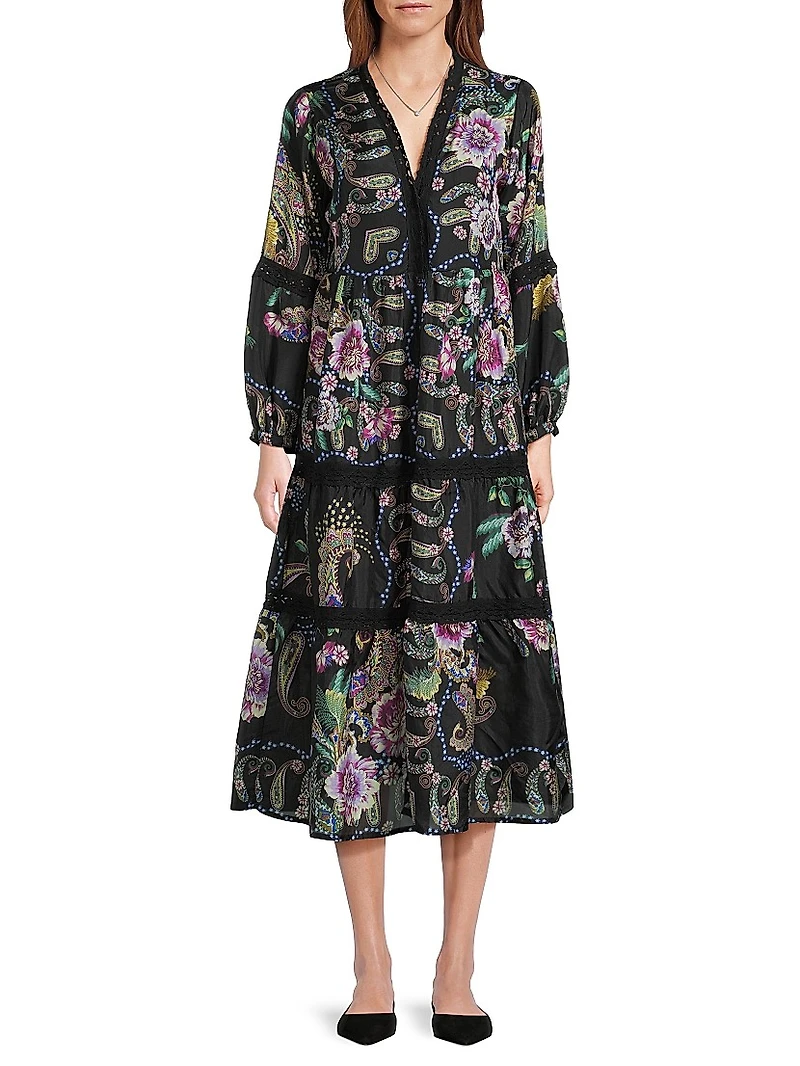 Leda Floral Silk V-Neck Maxi Dress