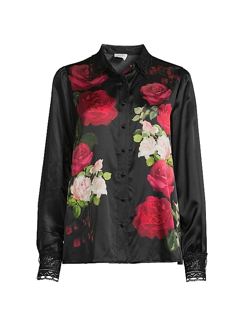 Averi Floral Lace-Trim Satin Shirt
