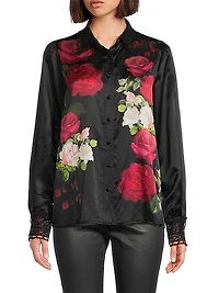 Averi Floral Lace-Trim Satin Shirt