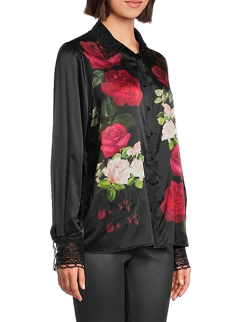 Averi Floral Lace-Trim Satin Shirt