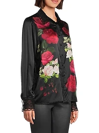 Averi Floral Lace-Trim Satin Shirt