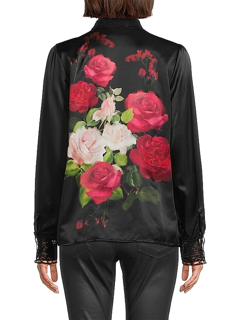 Averi Floral Lace-Trim Satin Shirt