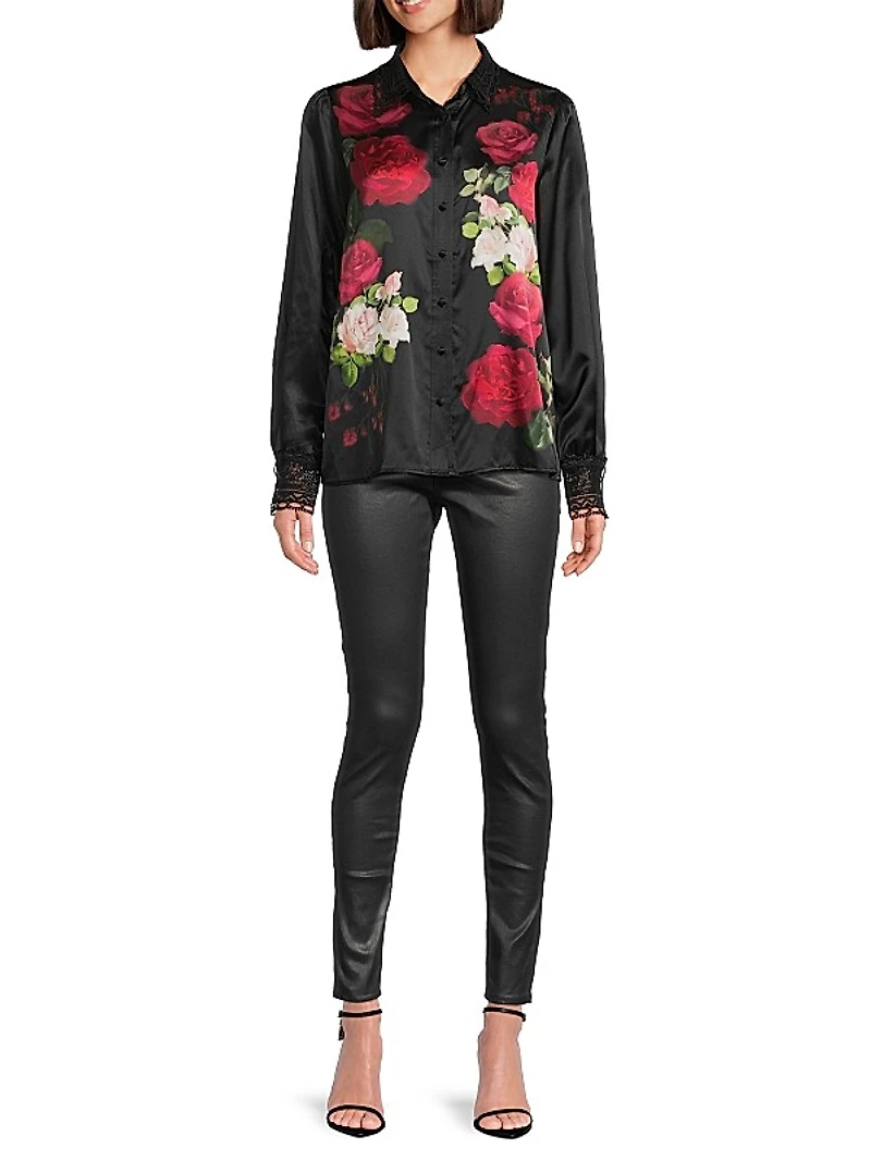 Averi Floral Lace-Trim Satin Shirt
