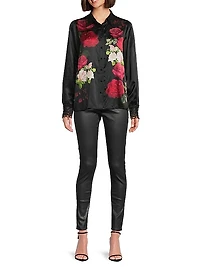 Averi Floral Lace-Trim Satin Shirt