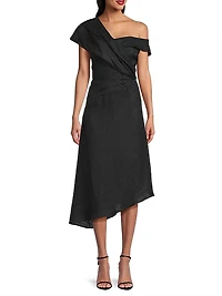 Toni Linen Asymmetric Off-The-Shoulder Midi-Dress