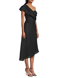 Toni Linen Asymmetric Off-The-Shoulder Midi-Dress