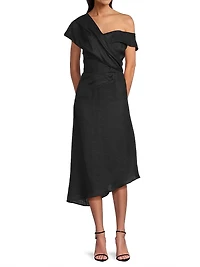Toni Linen Asymmetric Off-The-Shoulder Midi-Dress