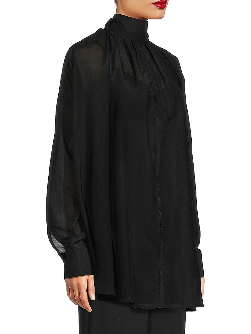 Poet Cotton-Silk Mock-Neck Blouse