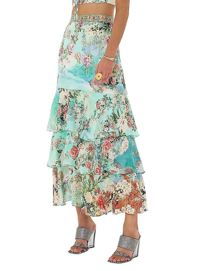 Floral Silk Ruffled Maxi Skirt