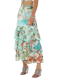 Floral Silk Ruffled Maxi Skirt