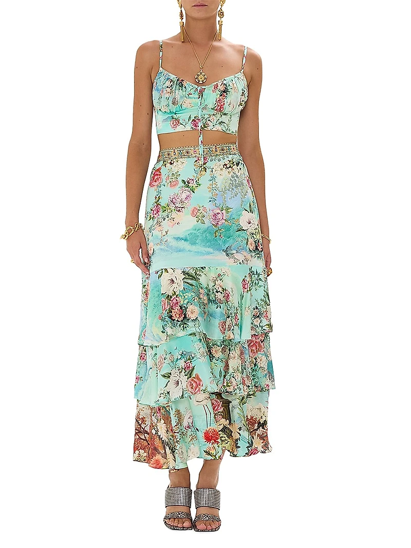 Floral Silk Ruffled Maxi Skirt