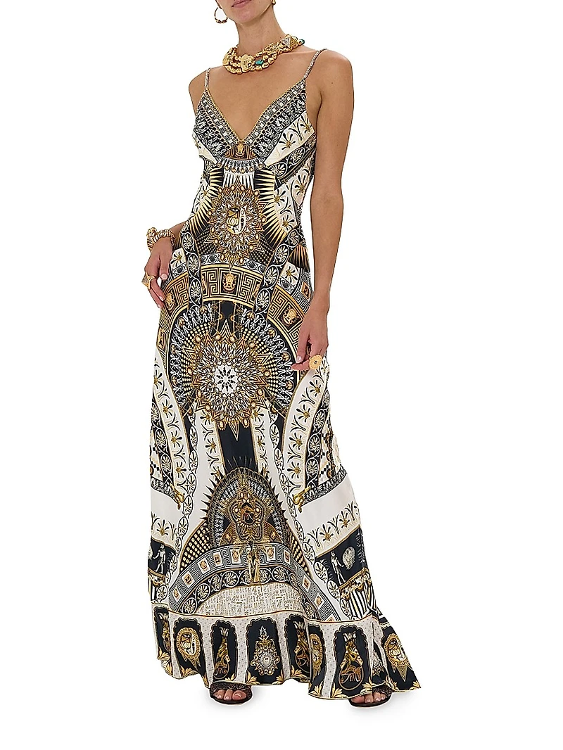 Printed Silk V-Neck Maxi Dress