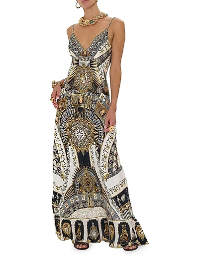 Printed Silk V-Neck Maxi Dress