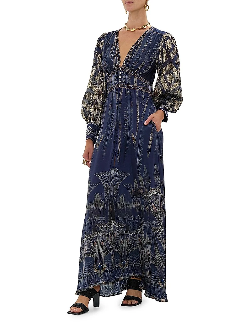 Egypt Silk Empire-Waist Maxi Dress