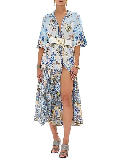 Floral Silk Tiered Midi-Shirtdress