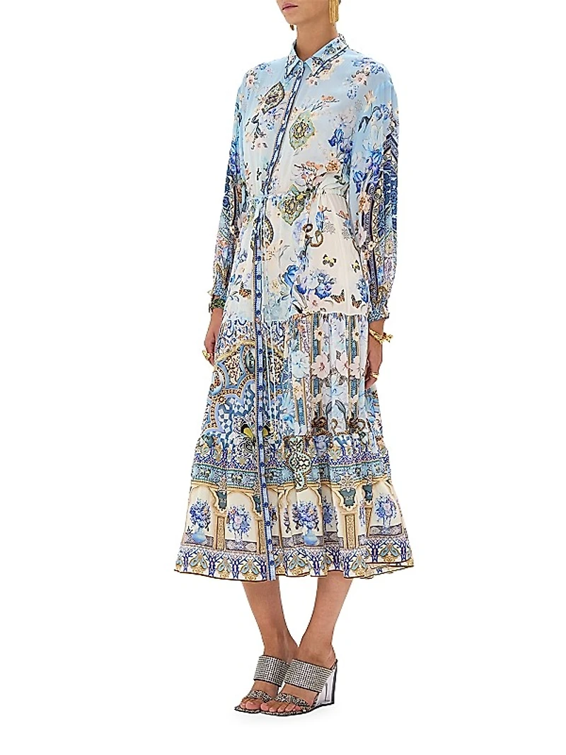 Floral Silk Tiered Midi-Shirtdress