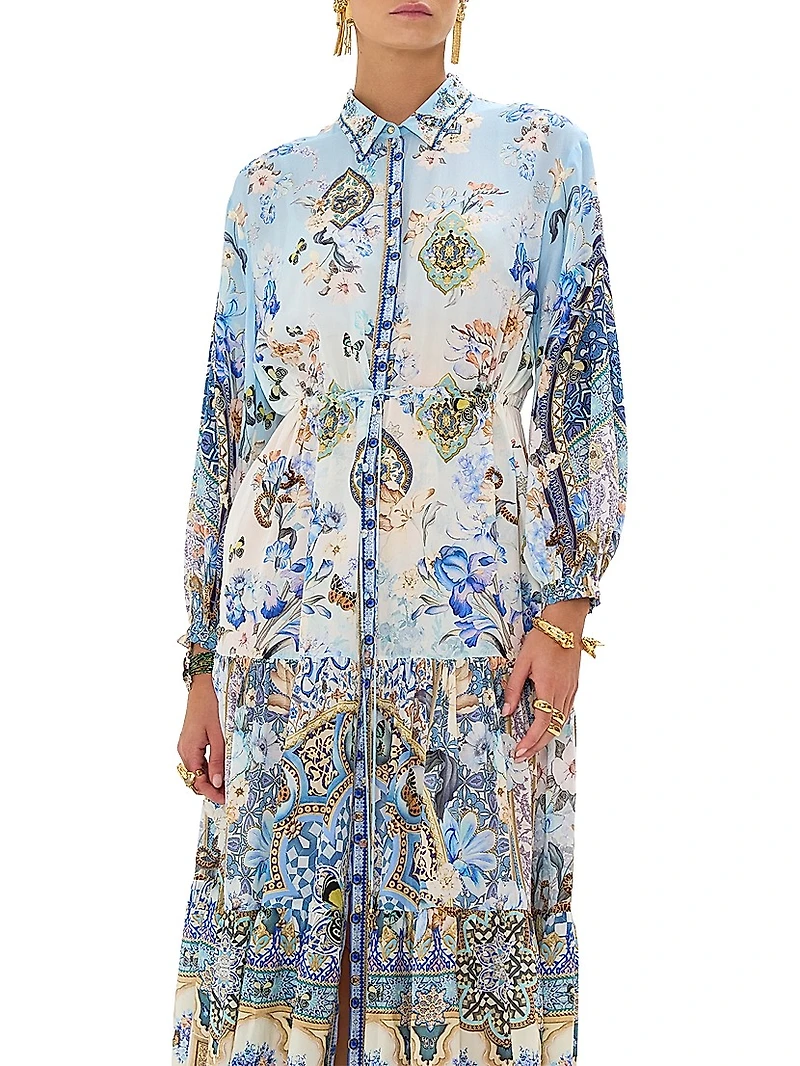 Floral Silk Tiered Midi-Shirtdress