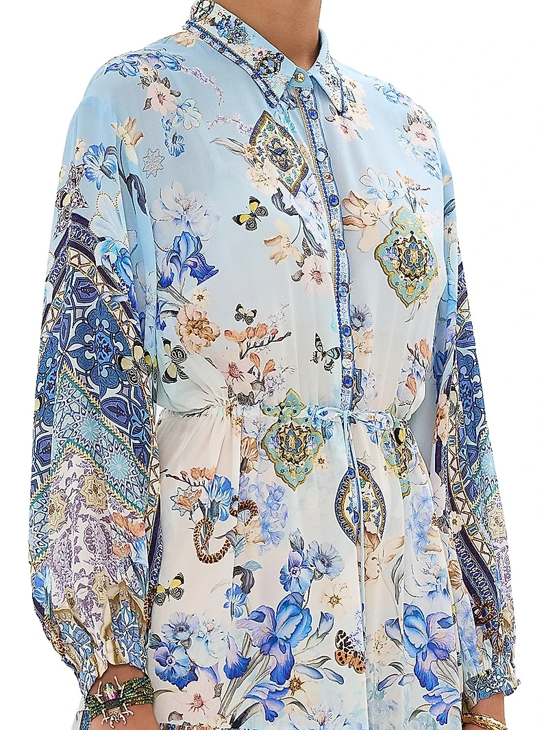 Floral Silk Tiered Midi-Shirtdress