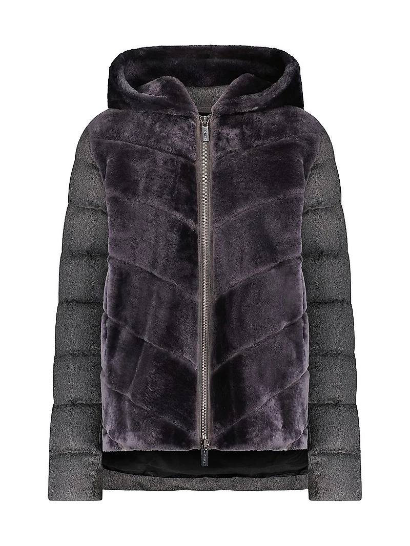Shearling Lamb Chevron Parka With Cashmere and Wool Sleeves and Back