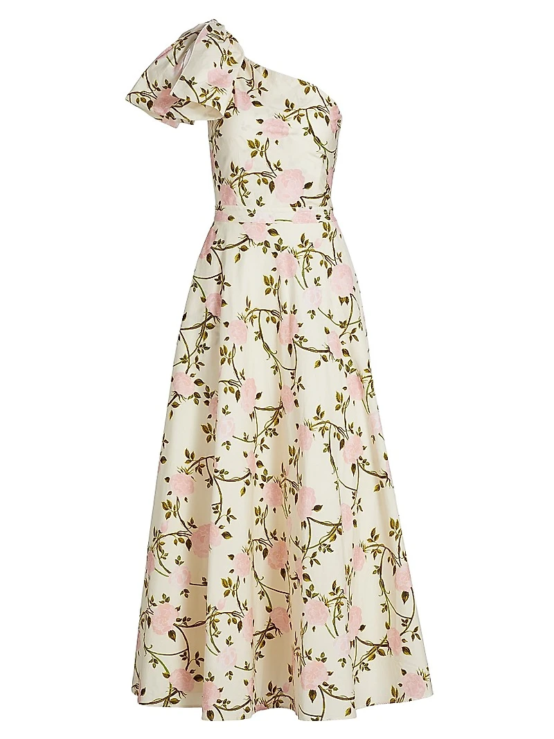 Rose Printed Poplin One-Shoulder Cocktail Dress