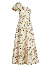 Rose Printed Poplin One-Shoulder Cocktail Dress