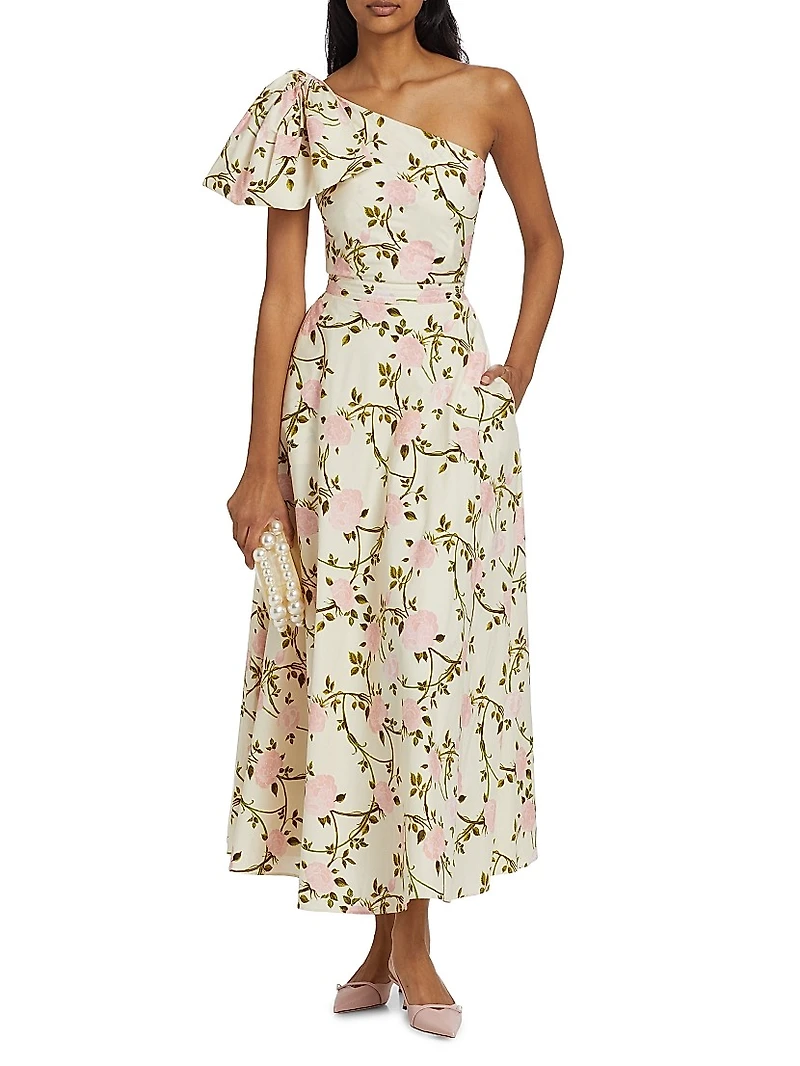 Rose Printed Poplin One-Shoulder Cocktail Dress