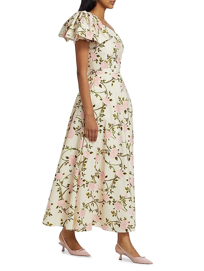 Rose Printed Poplin One-Shoulder Cocktail Dress