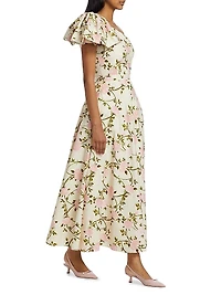 Rose Printed Poplin One-Shoulder Cocktail Dress
