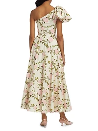 Rose Printed Poplin One-Shoulder Cocktail Dress