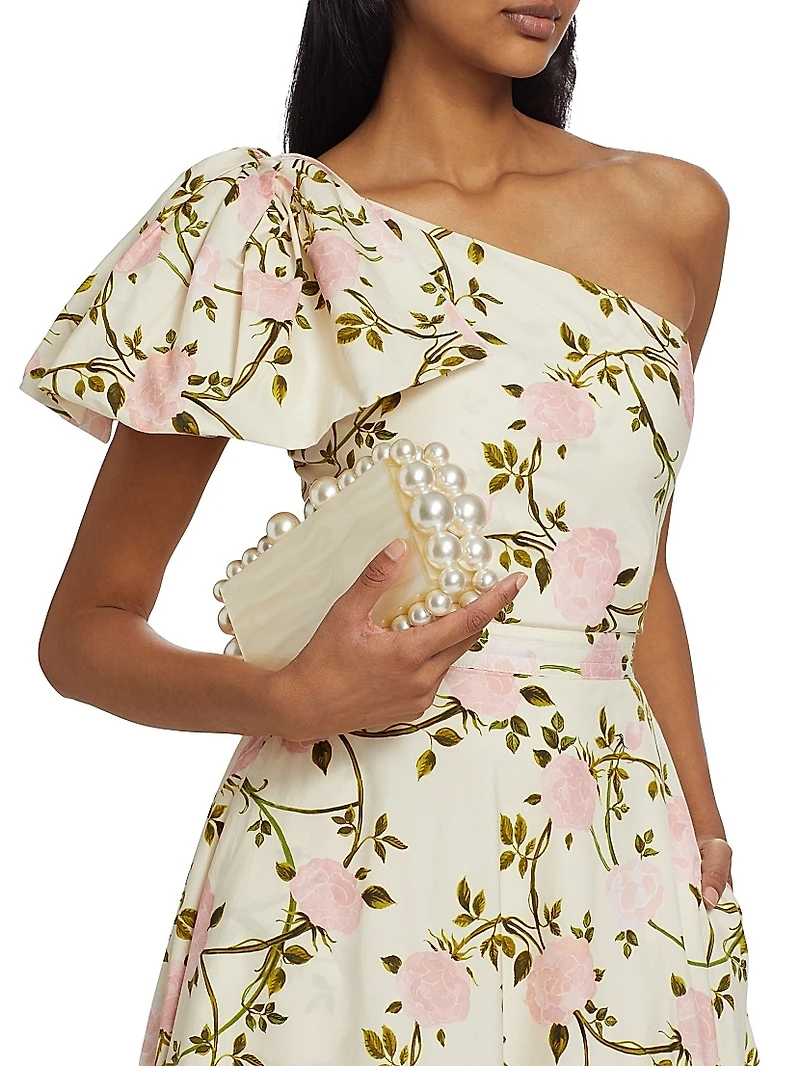 Rose Printed Poplin One-Shoulder Cocktail Dress