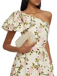 Rose Printed Poplin One-Shoulder Cocktail Dress