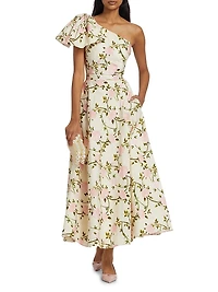 Rose Printed Poplin One-Shoulder Cocktail Dress