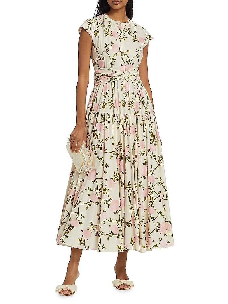 Rose-Print Cotton Midi-Dress