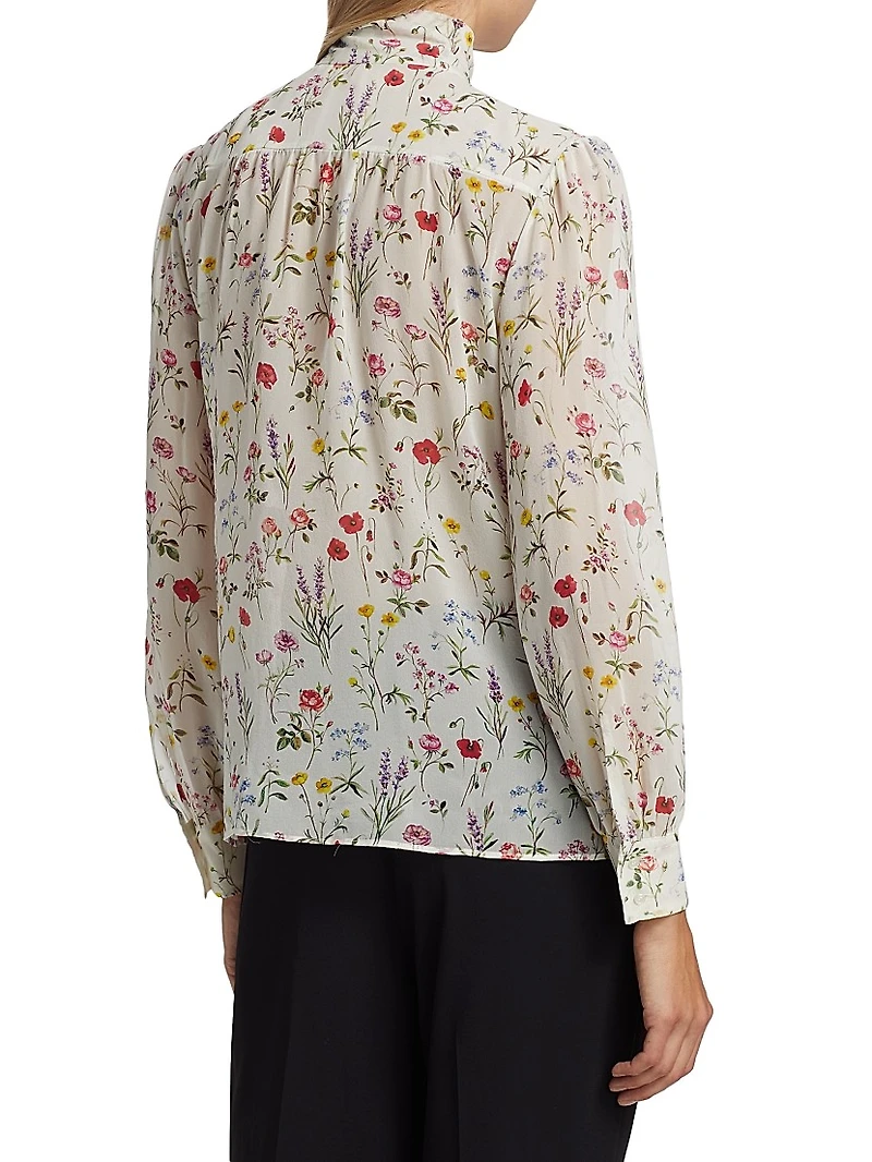 Floral Silk Tieneck Blouse