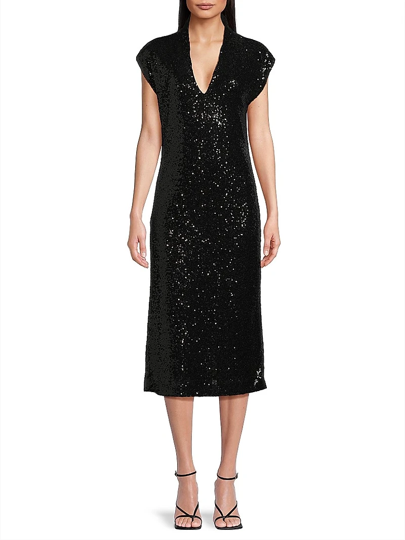 Sequined V-Neck Midi-Dress