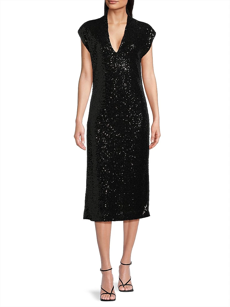 Sequined V-Neck Midi-Dress