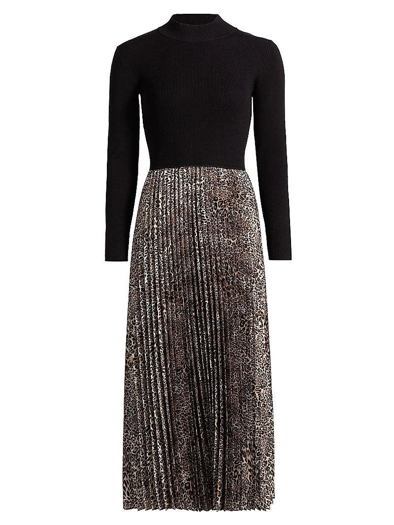 Mave Leopard Mixed-Media Midi-Dress