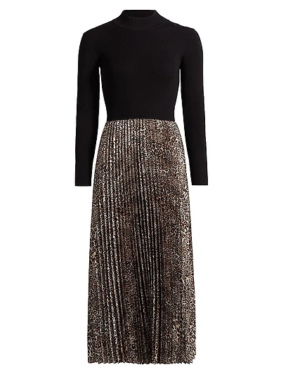 Mave Leopard Mixed-Media Midi-Dress