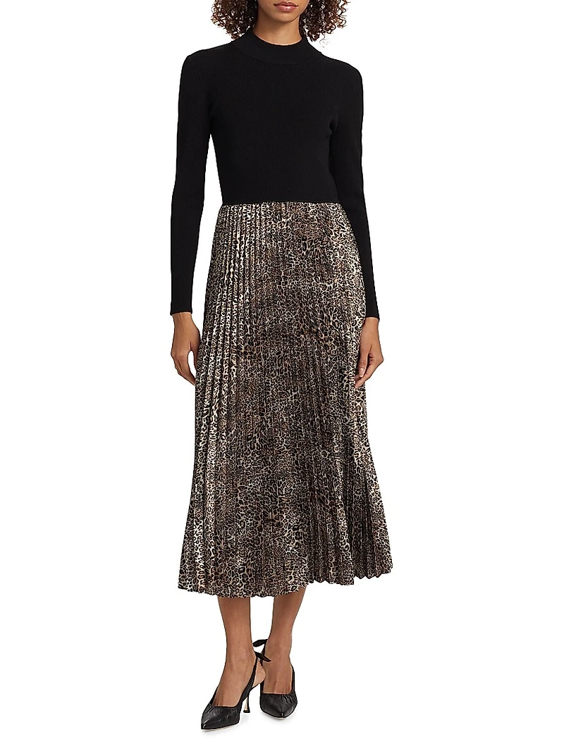 Mave Leopard Mixed-Media Midi-Dress