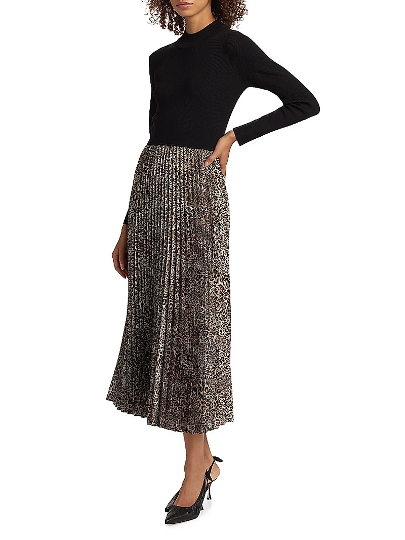 Mave Leopard Mixed-Media Midi-Dress