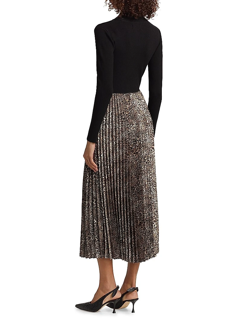 Mave Leopard Mixed-Media Midi-Dress