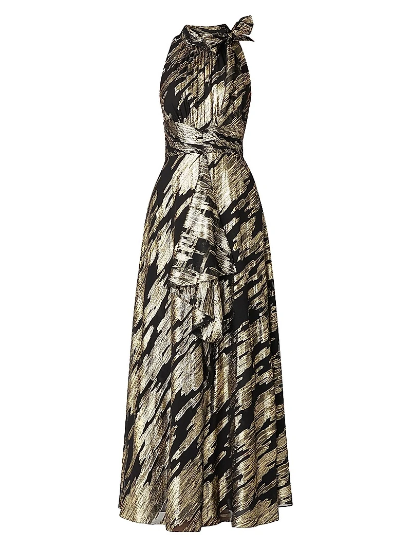 Faye Abstract Metallic Tieneck Sleeveless Gown
