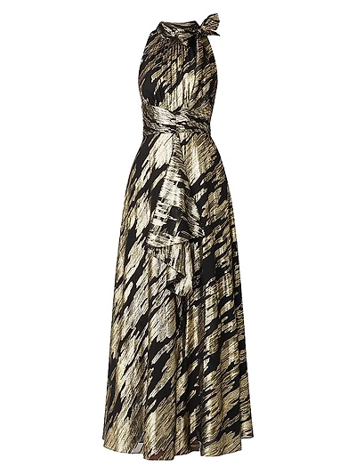 Faye Abstract Metallic Tieneck Sleeveless Gown