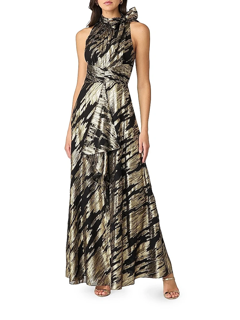 Faye Abstract Metallic Tieneck Sleeveless Gown