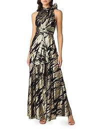 Faye Abstract Metallic Tieneck Sleeveless Gown