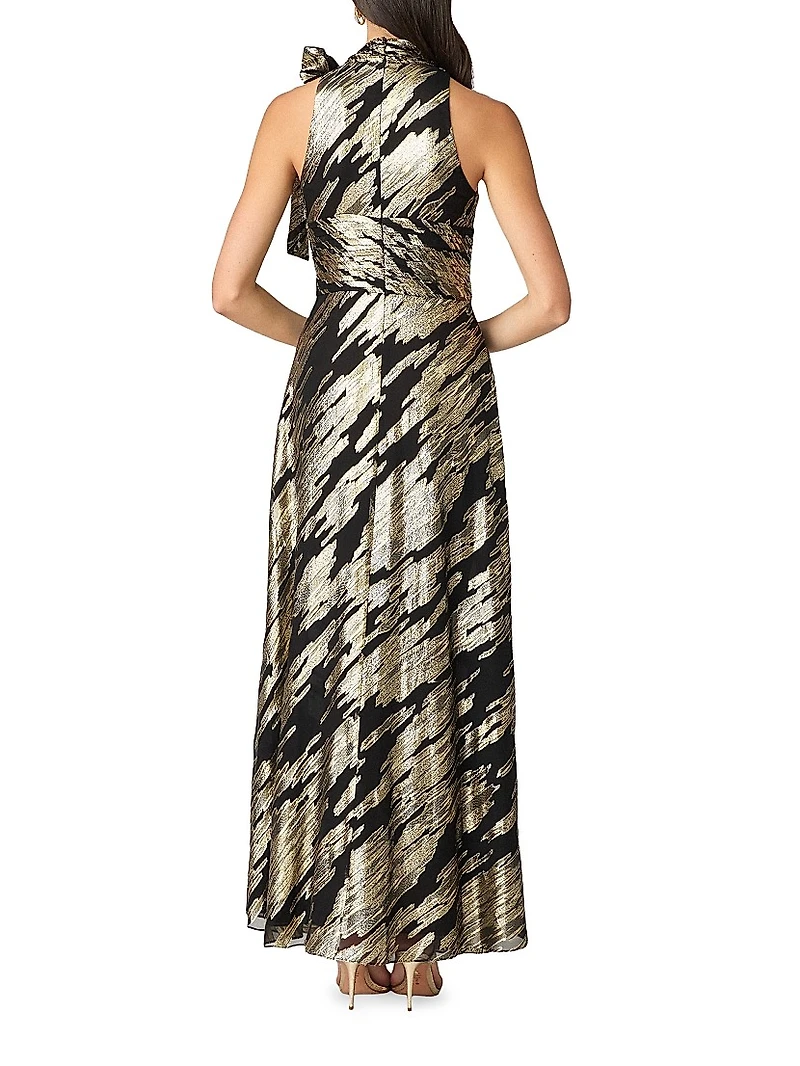 Faye Abstract Metallic Tieneck Sleeveless Gown