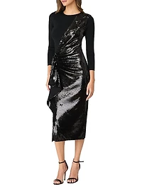 Dela Sequin Ruffle Three-Quarter Sleeve Midi-Dress