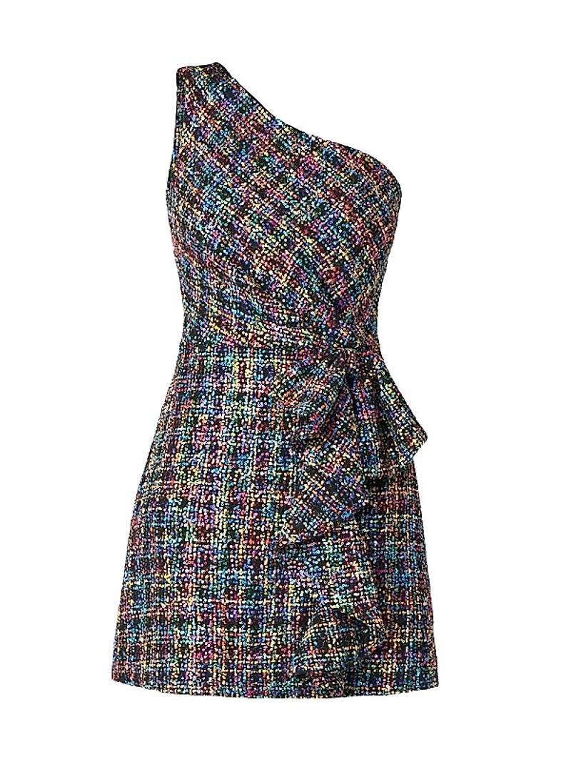 Zoie Beaded Tweed One-Shoulder Minidress